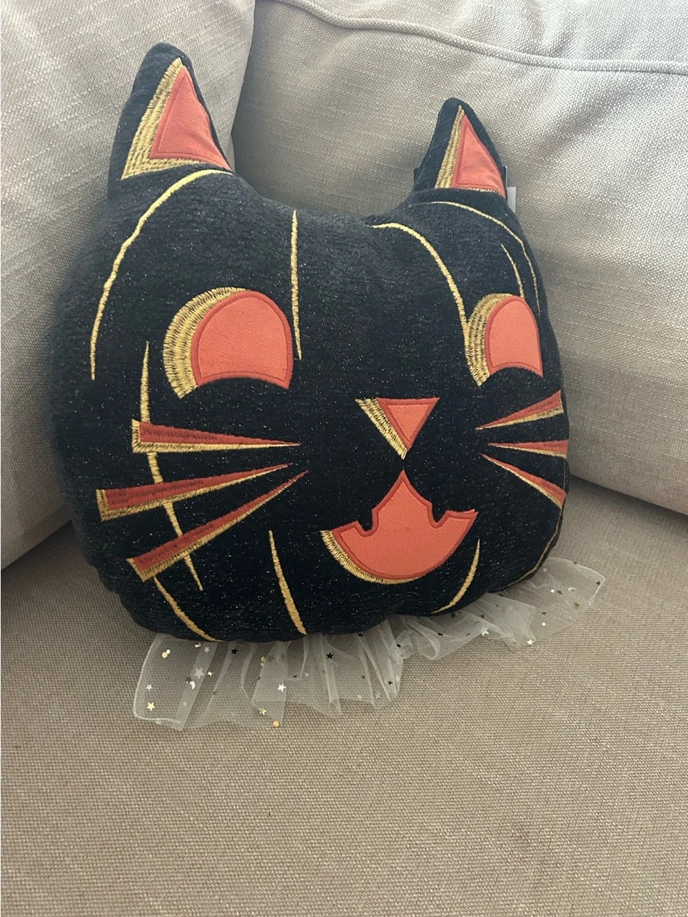 “New” Cynthia Rowley Black Cat Accent Pillow with Orange and Gold Embroidery